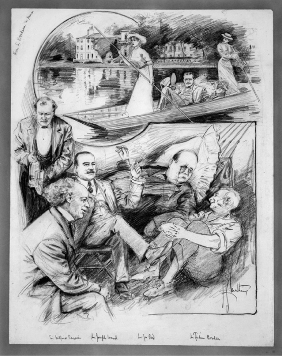 Une caricature de Wilfrid Laurier avec ses principaux ministres en Angleterre pour le couronnement du roi George V.